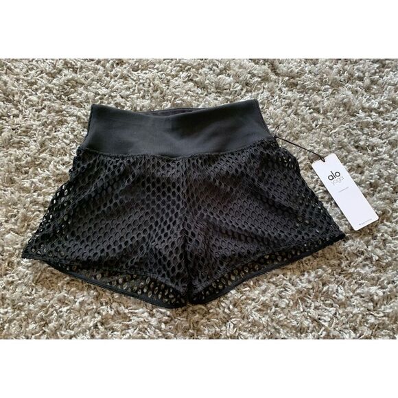 NEW NWT ALO YOGA summertime mesh net BLACK LINED BIKER SHORTS sz S - Picture 2 of 7